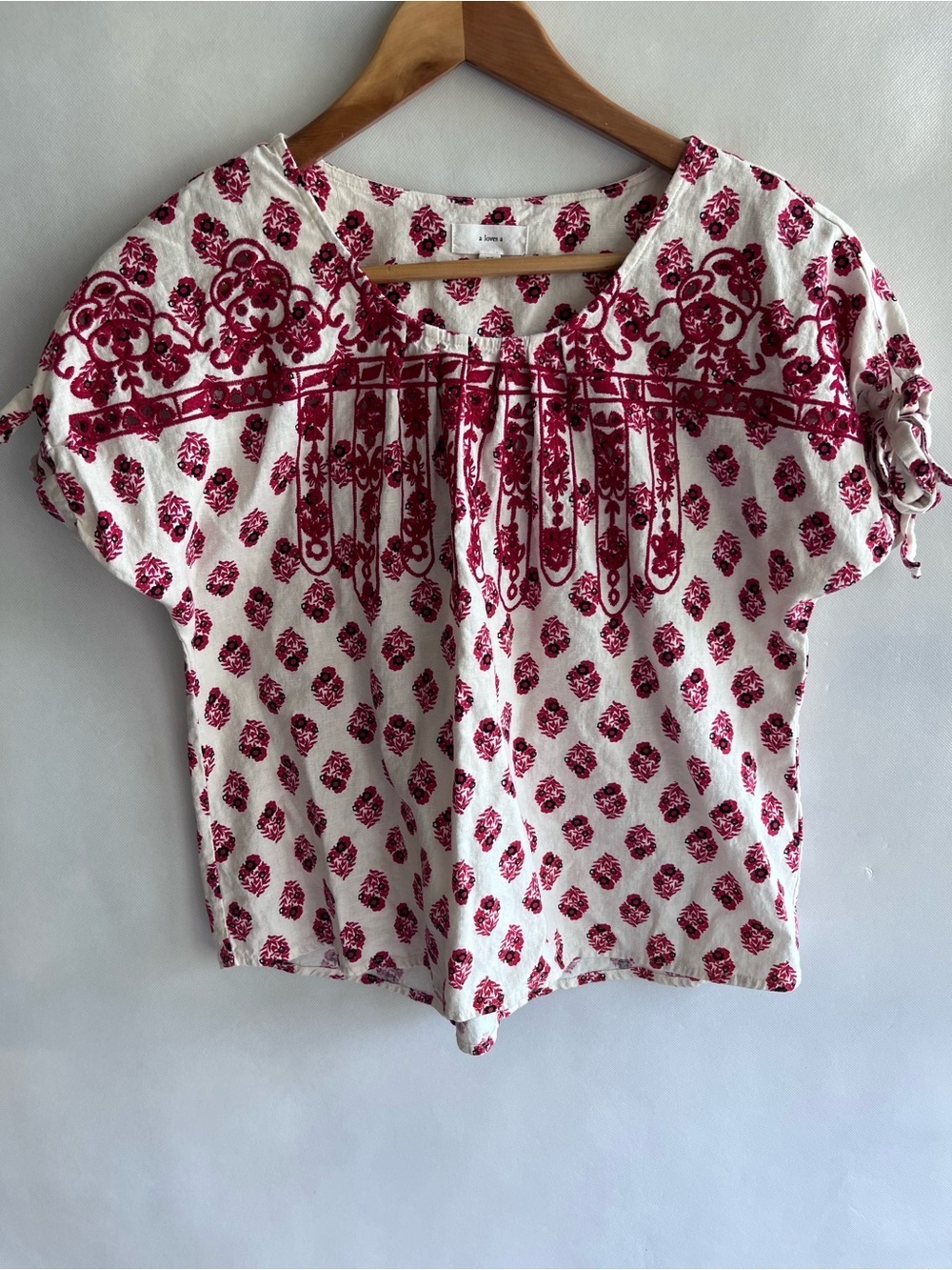 A Loves A Linen Blend Cream Red Embroidered Top